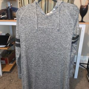 grey sweater dress with black stripes on sleeves